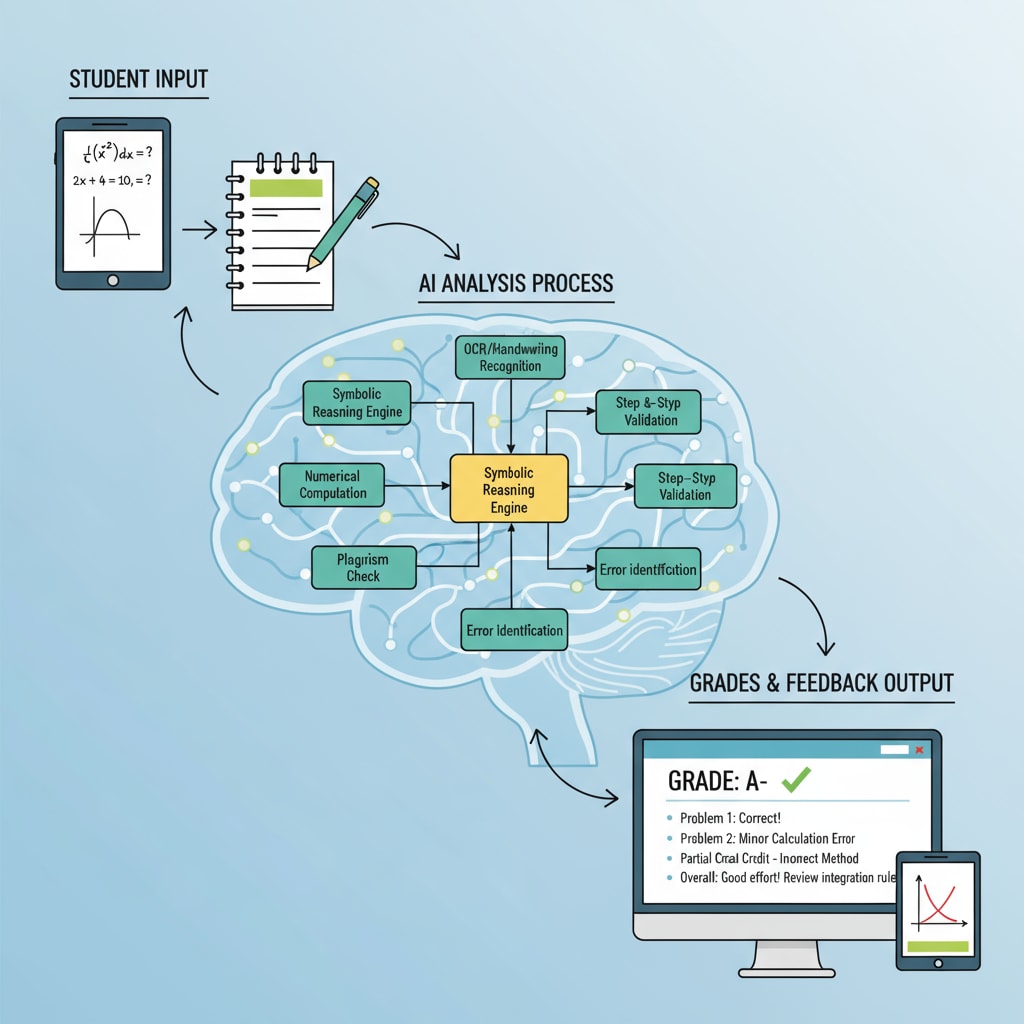A visual representation of how AI math grading works, showing the input of student answers, the analysis process, and the output of grades and feedback. Diagram of the AI math grading process for enhanced teacher efficiency