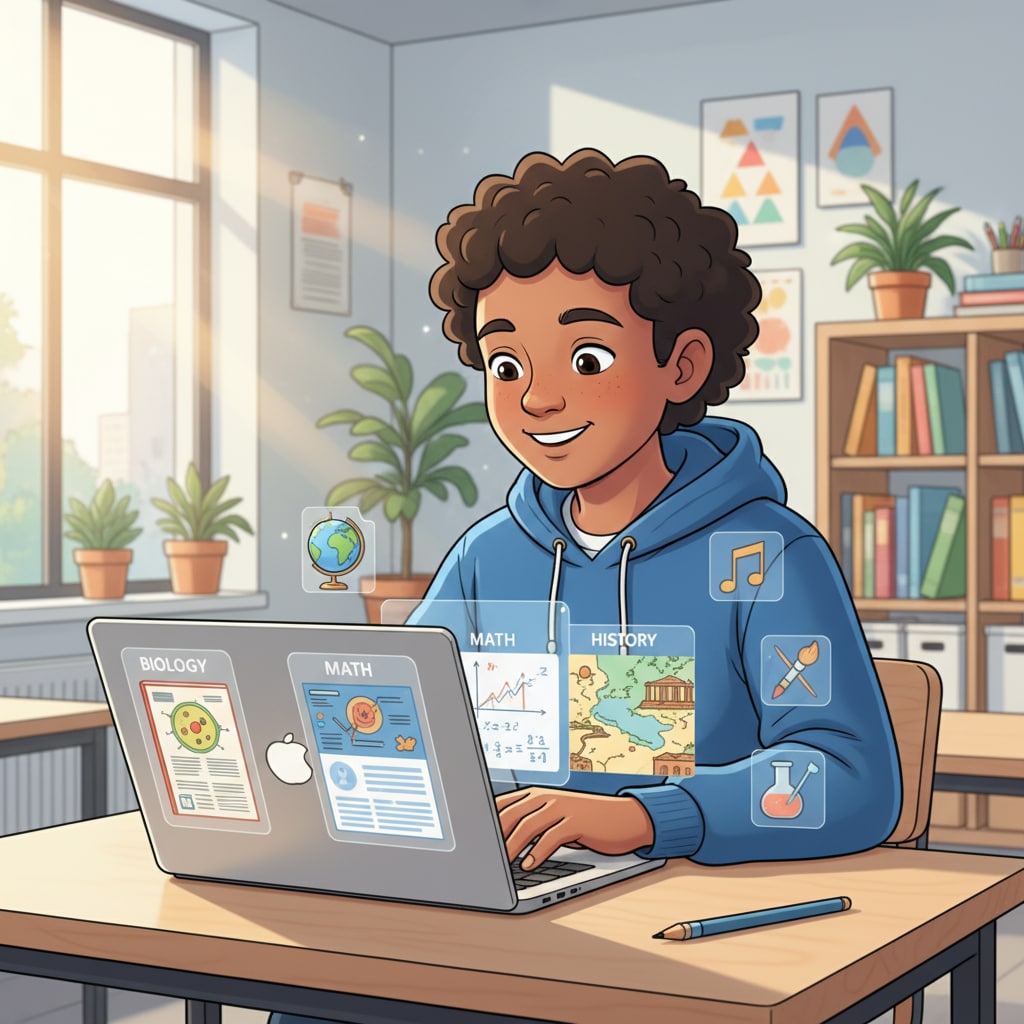 A student is sitting at a desk in a classroom, using a Chromebook to access various digital learning materials related to different subjects. Student using Chromebook for digital learning in K12 education