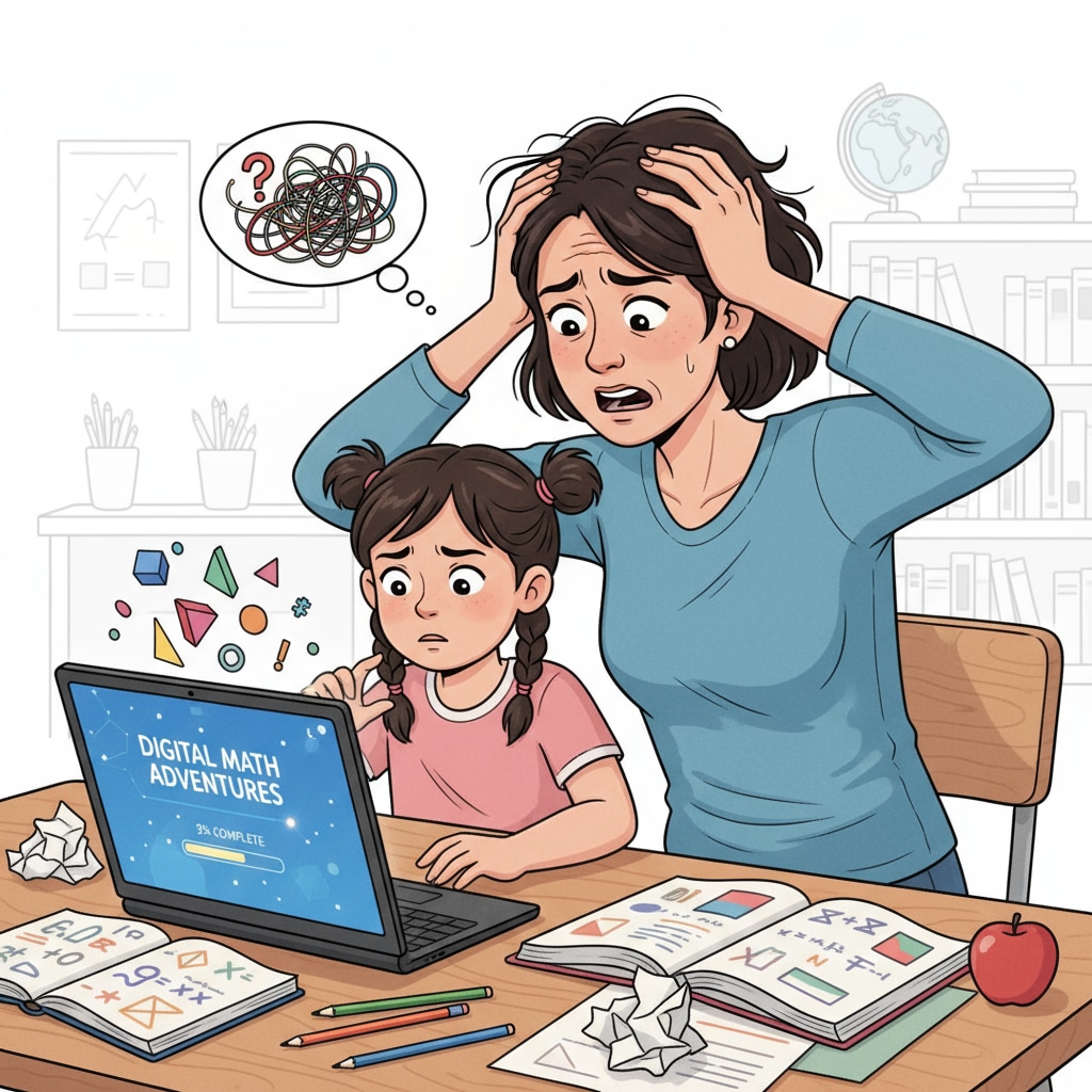A parent is sitting with a child at a table. The parent has a worried expression while trying to help the child understand digital math content displayed on a Chromebook. Parent struggling to help child with digital math on Chromebook in K12