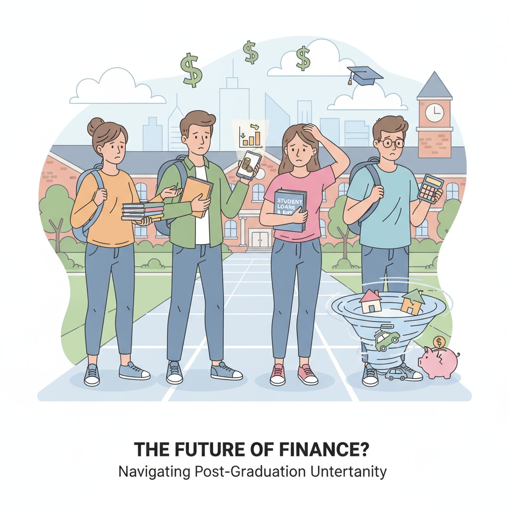 A group of university students walking on campus, looking a bit worried about their future financial situation. University students concerned about the return on investment of higher education