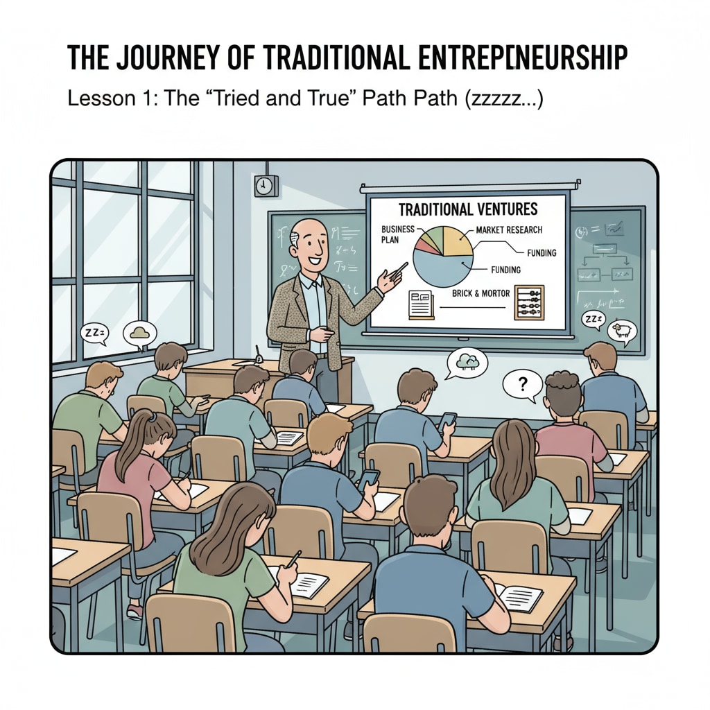 A classroom scene where students are bored while listening to a lecture about traditional entrepreneurial courses Students bored in a traditional entrepreneurial course lecture in a K12 classroom
