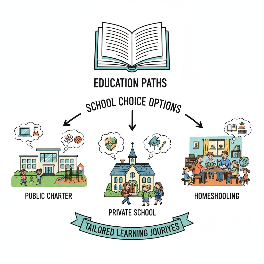 A visual representation of different school choice options, such as public charter, private, and homeschooling. Chart showing various school choice options relevant to conservative education policy