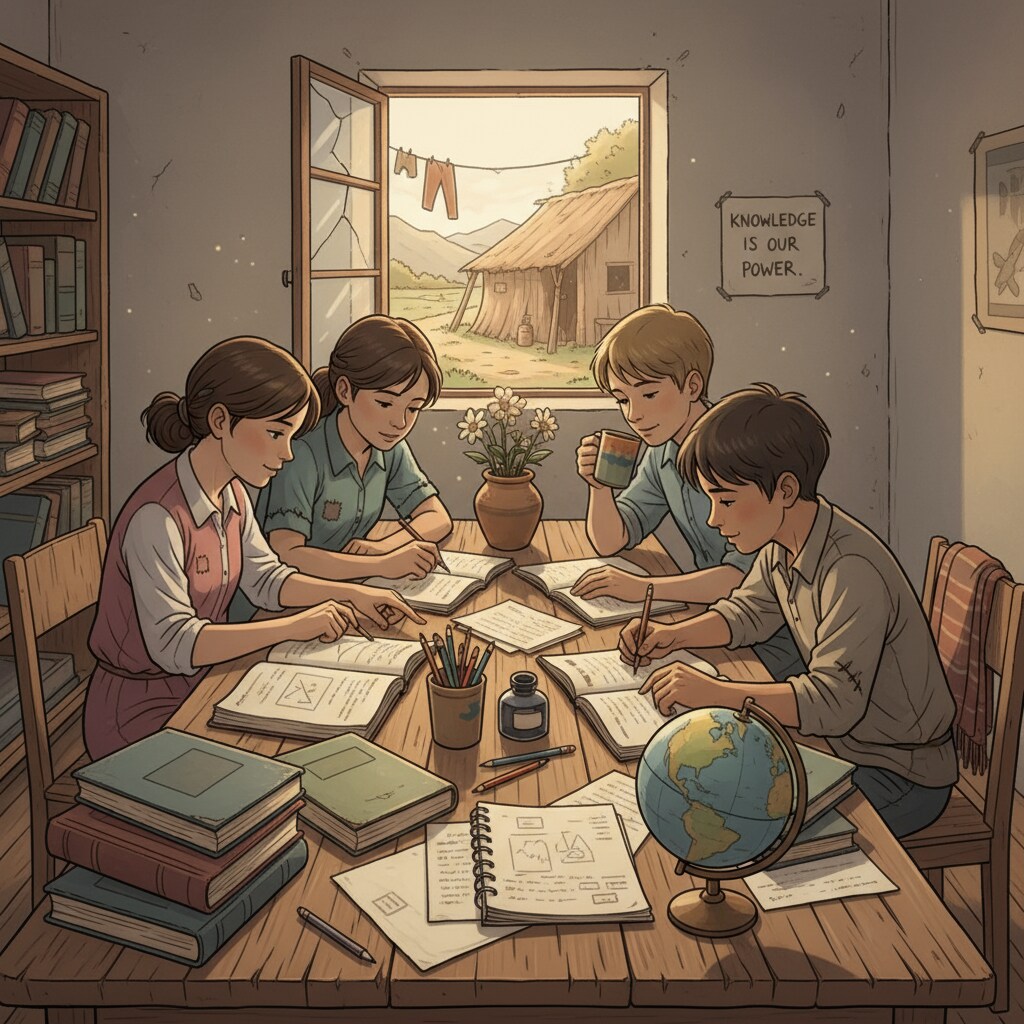 A group of students studying together, with some books and school supplies on the table, showing the spirit of learning despite economic challenges Students studying despite economic hardship, related to tuition fees and the hope of donations