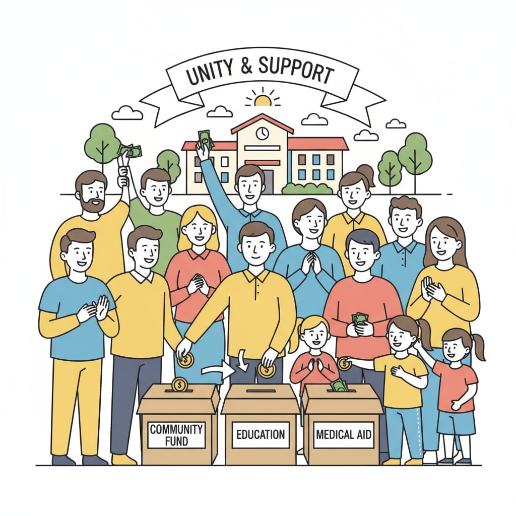 A community gathering where people are donating money in boxes, showing the spirit of unity and support Community members donating to help students with economic hardship and tuition fees