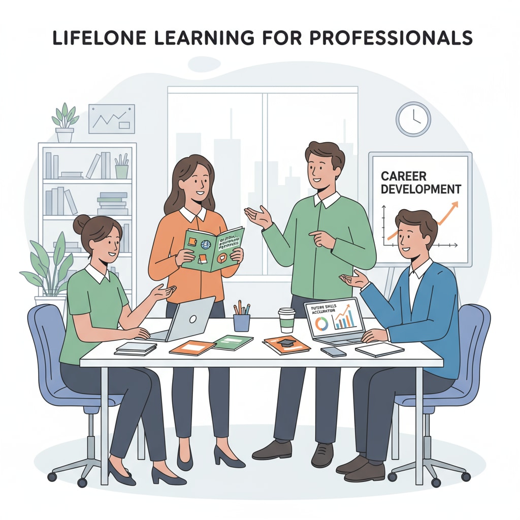 A group of professionals are engaged in a lively discussion about educational opportunities in a modern office setting. They are looking at brochures and laptops, showing their interest in learning and career growth. Professionals discussing educational opportunities for career development