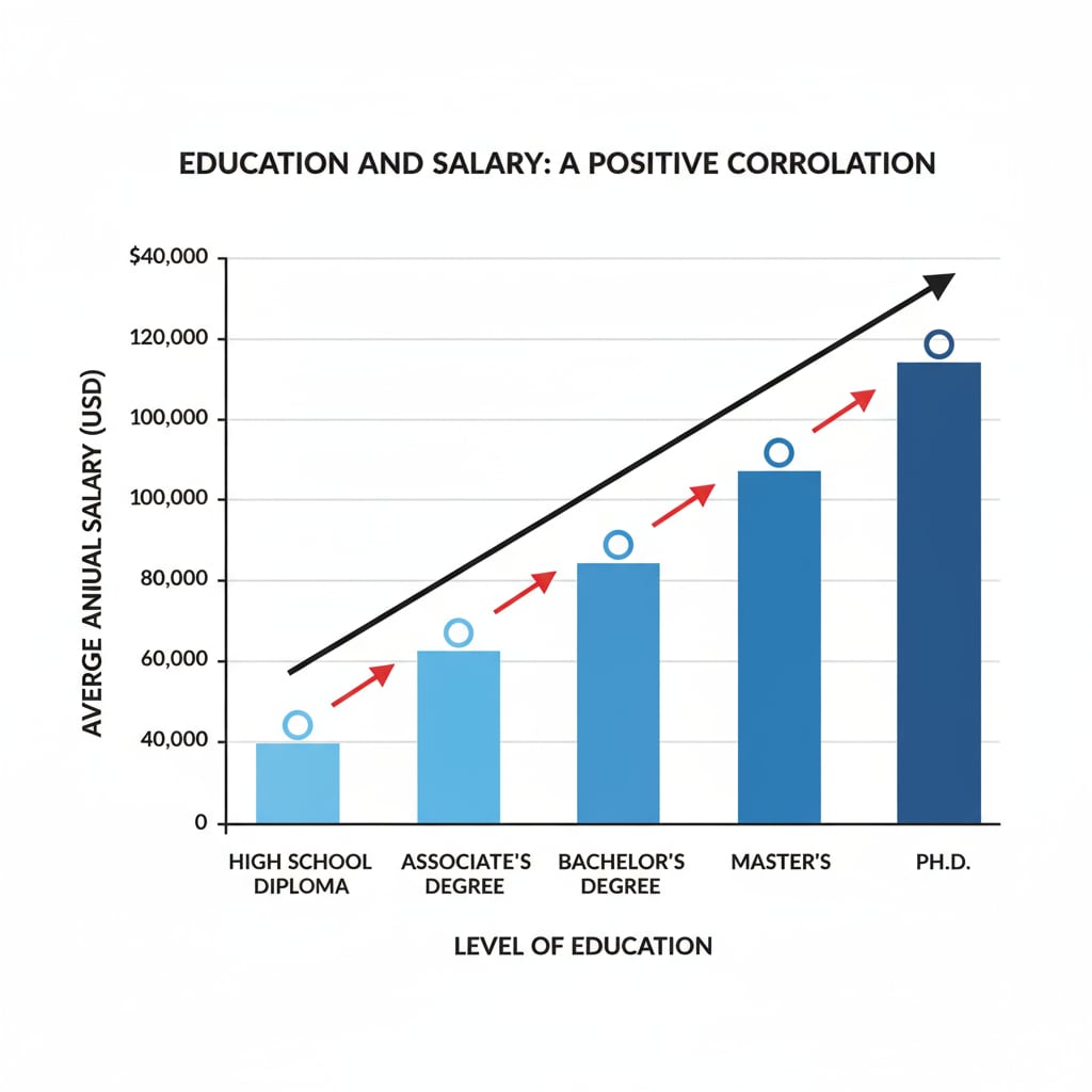 A graph visually represents the positive correlation between the level of education and the increase in salary. Different education levels are marked on the x-axis, and the corresponding salary increments are shown on the y-axis. Graph showing the relationship between education level and salary increase for career development