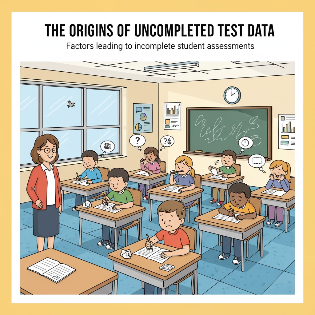 Students are taking a written test in a classroom. Some are concentrating, while others seem to be struggling or showing signs of disengagement. This represents the situation where uncompleted test data might originate. Classroom test situation related to datasets, outliers, test scores, and statistical analysis