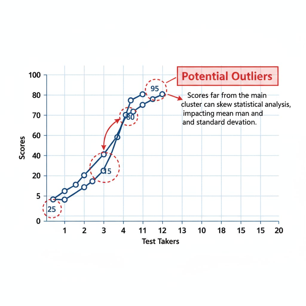 A line graph displays a set of test scores. There are a few scores that are far from the main cluster, indicating potential outliers. This visual representation helps in understanding the impact of such scores on statistical analysis. Graph of test scores showing outliers relevant to datasets, outliers, test scores, and statistical analysis
