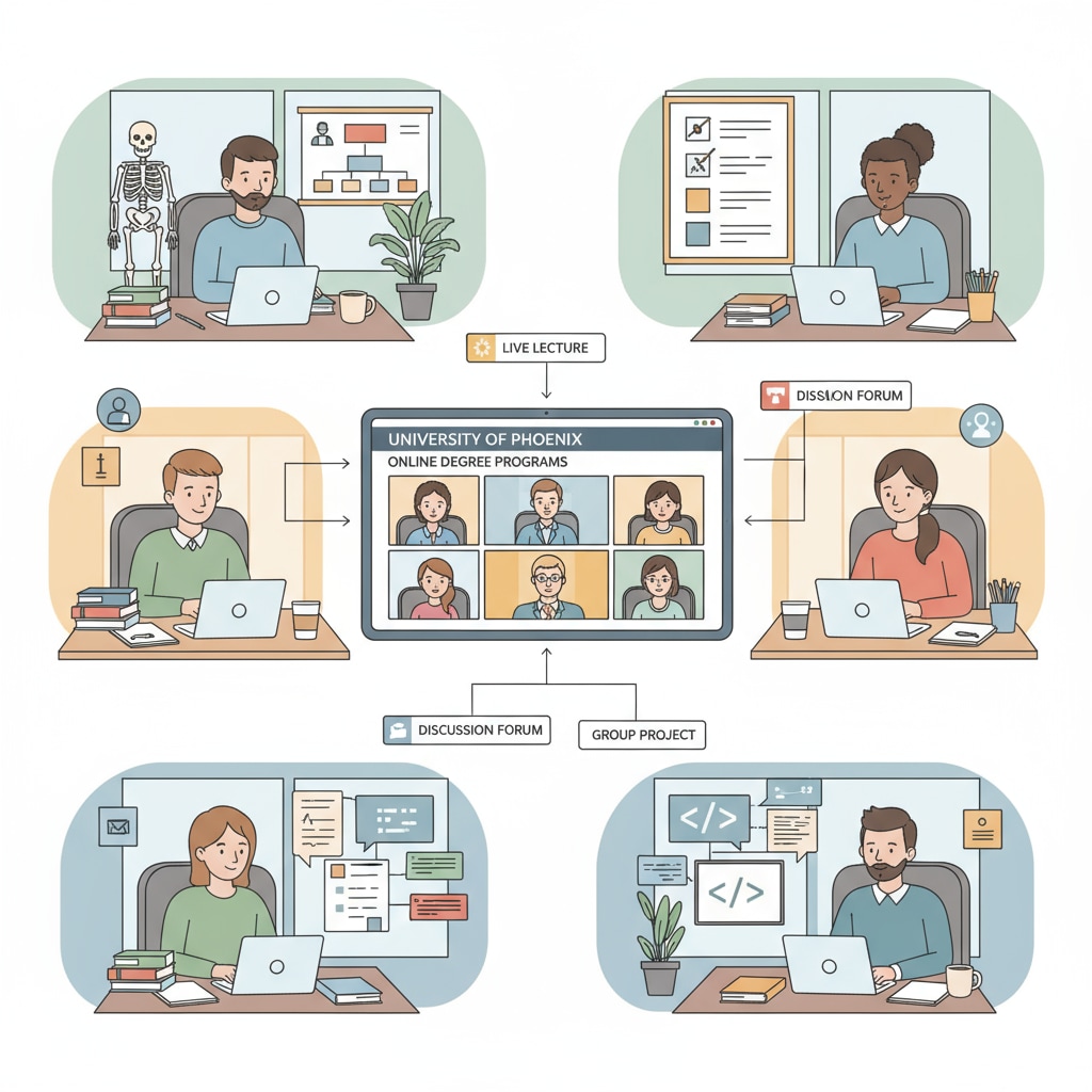 An image showing students studying in an online classroom environment which is relevant to University of Phoenix's degree programs Students in an online classroom for University of Phoenix free degree programs related to career development