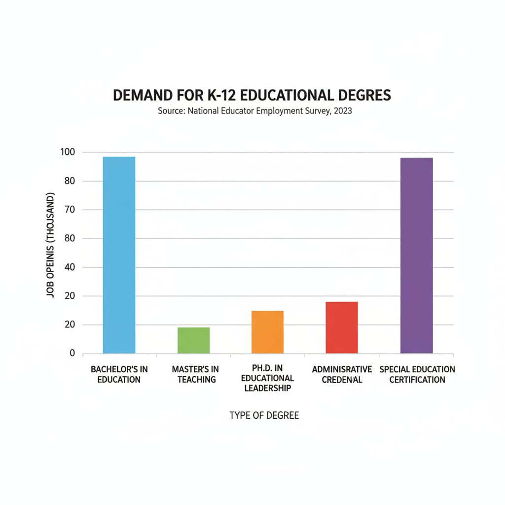 A graph showing the demand for different educational degrees in the K12 job market Graph of degree demand in K12 job market for University of Phoenix free degree seekers in career development