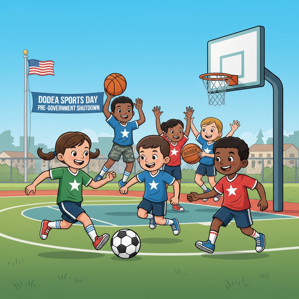 A group of military children playing various sports like basketball and soccer as part of DODEA activities before the government shutdown, showing their enthusiasm and energy. Military children enjoying DODEA sports activities before the government shutdown
