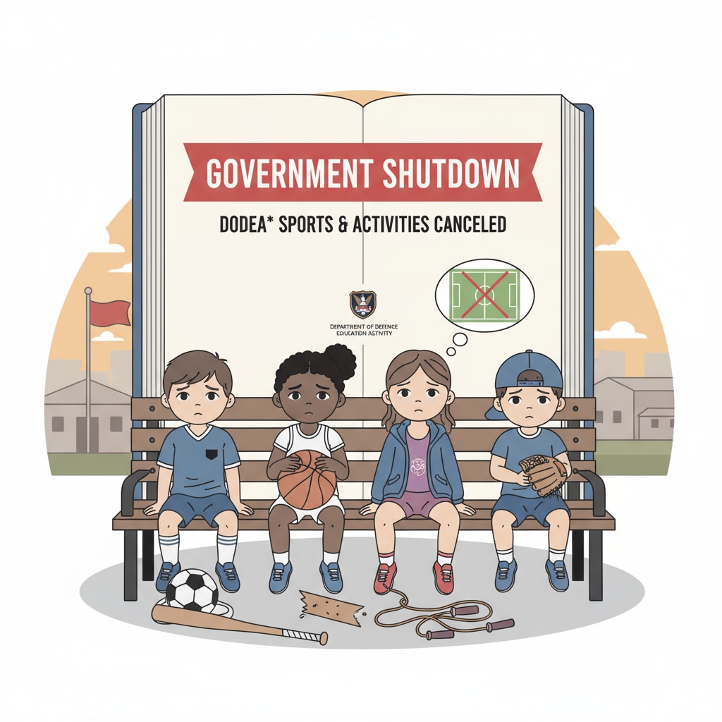 A few military children sitting on a bench, looking sad and disappointed because their DODEA sports and extracurricular activities have been halted due to the government shutdown. Disappointed military children due to the halt of DODEA sports activities