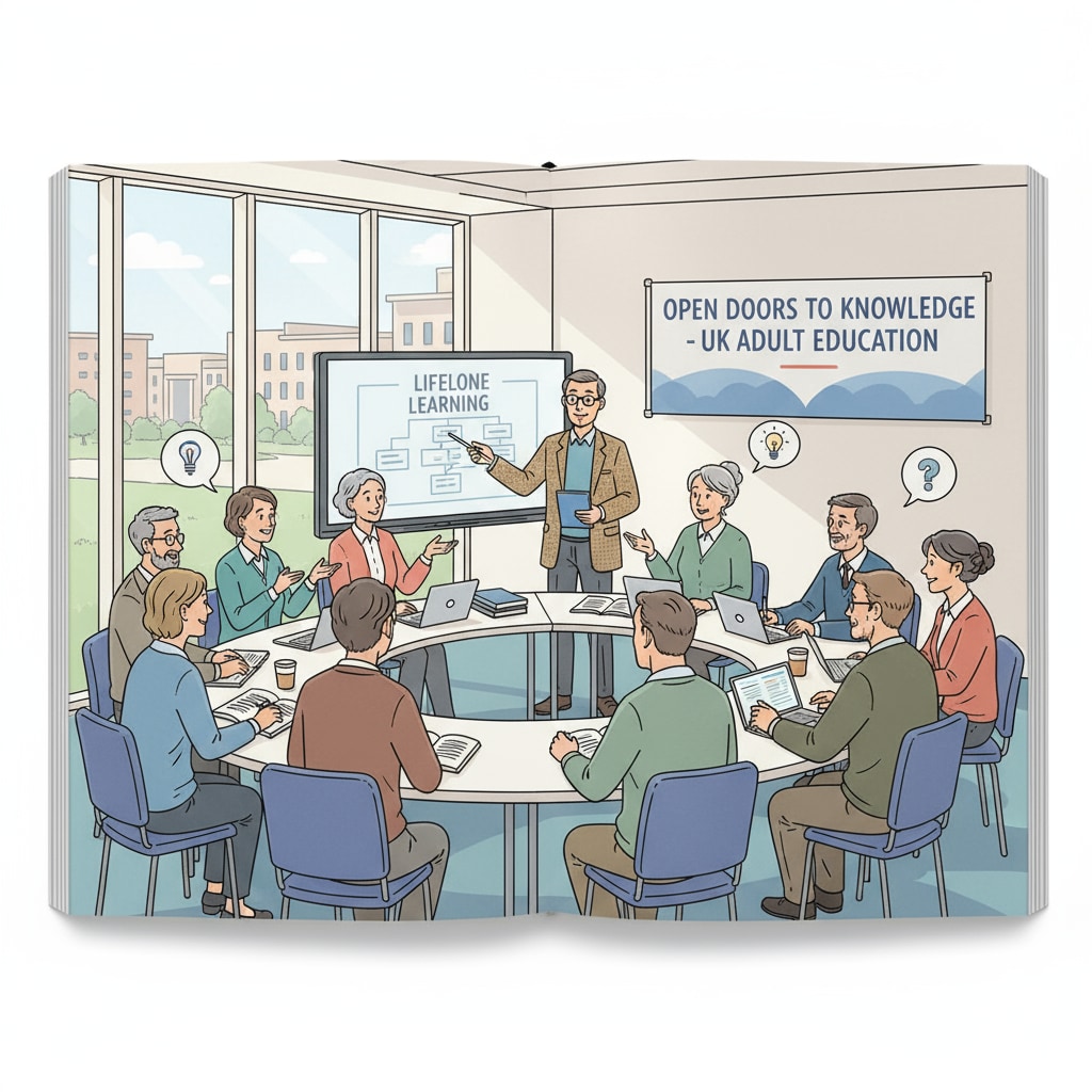 A group of adult students are attending a class in a modern educational institution in the UK, showing an inclusive learning environment for those returning to education. Adult students in a UK educational institution, related to returning to education after dropping out.