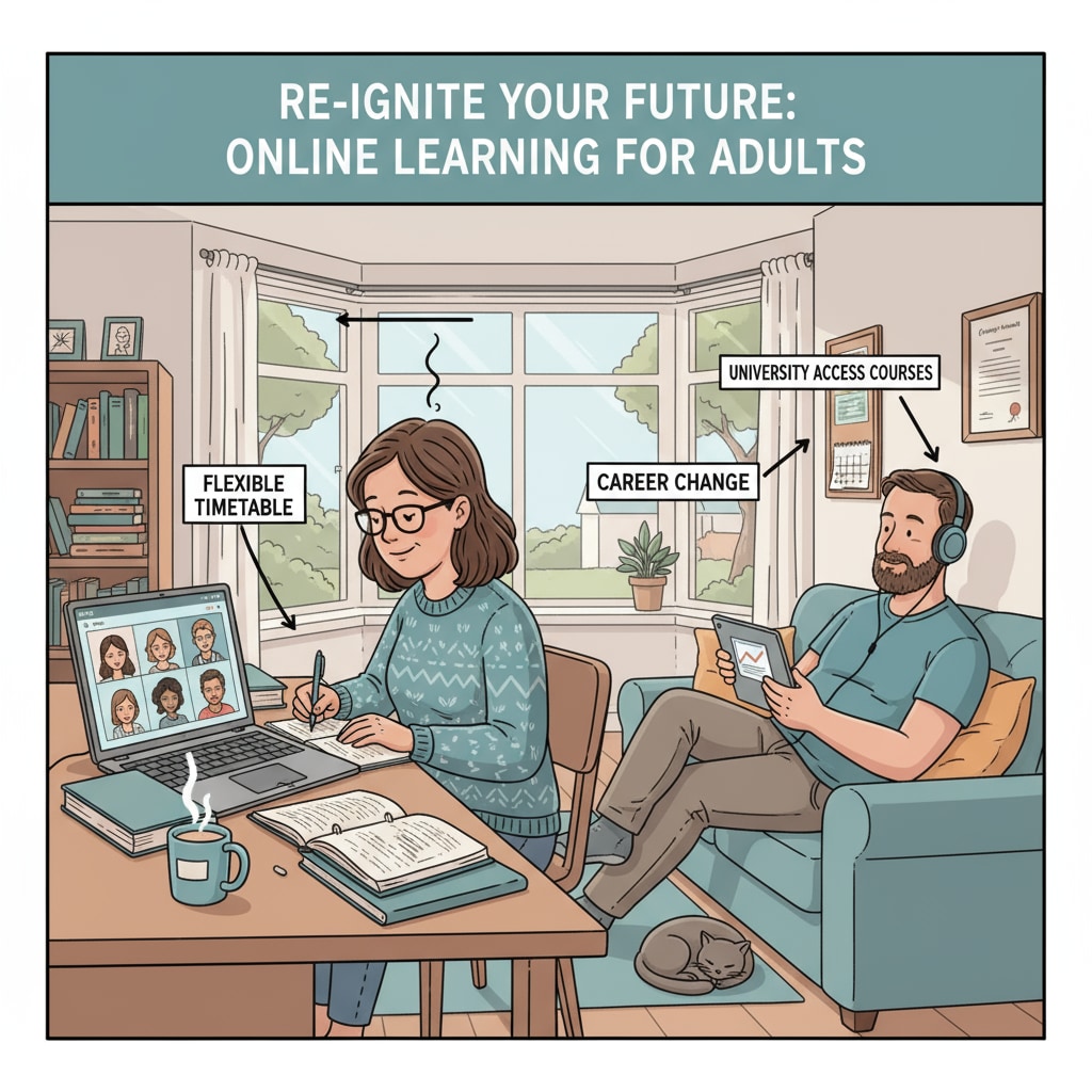 Adult students are studying online at home in the UK, representing the flexible learning option for those looking to re-enter the education system. Adult students studying online in the UK, associated with returning to education after dropping out.