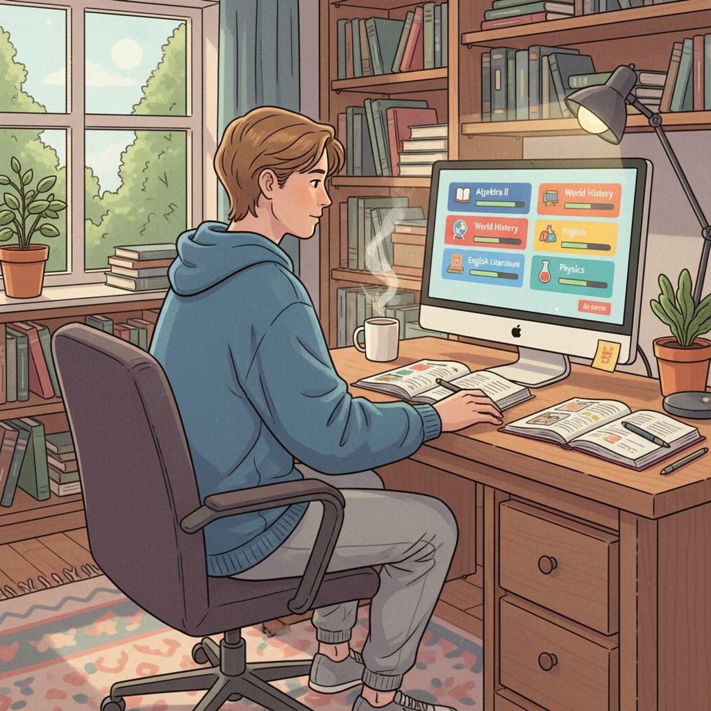 An adult is sitting at a desk, concentrating on a computer screen where various online high school course materials are visible, highlighting the dedication to learning in the comfort of one's own space. An adult studying online high school courses with a focus on affordable education for high school dropouts with low income