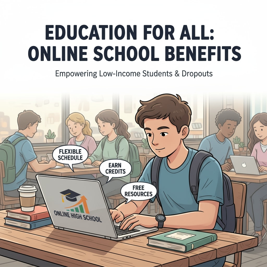 A person is seen studying on a laptop in a coffee shop, enjoying the flexibility of online high school courses, which is beneficial for low-income high school dropouts seeking education. A person studying online high school courses in a coffee shop, emphasizing accessible education for high school dropouts with low income