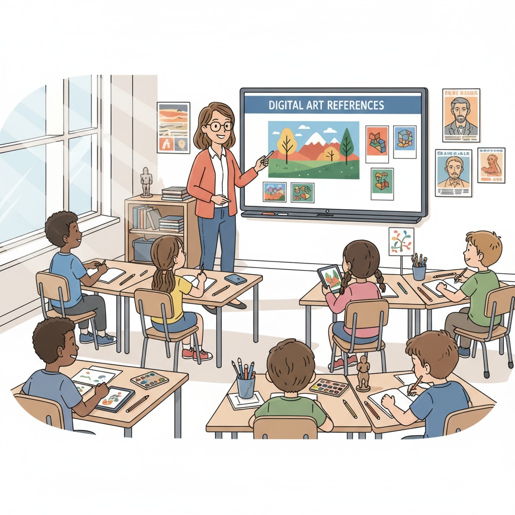 A classroom scene where students are engaged in an art class, with the teacher using a digital device to display art references, highlighting the use of technology in arts education. Technology teams supporting arts education in a school district classroom