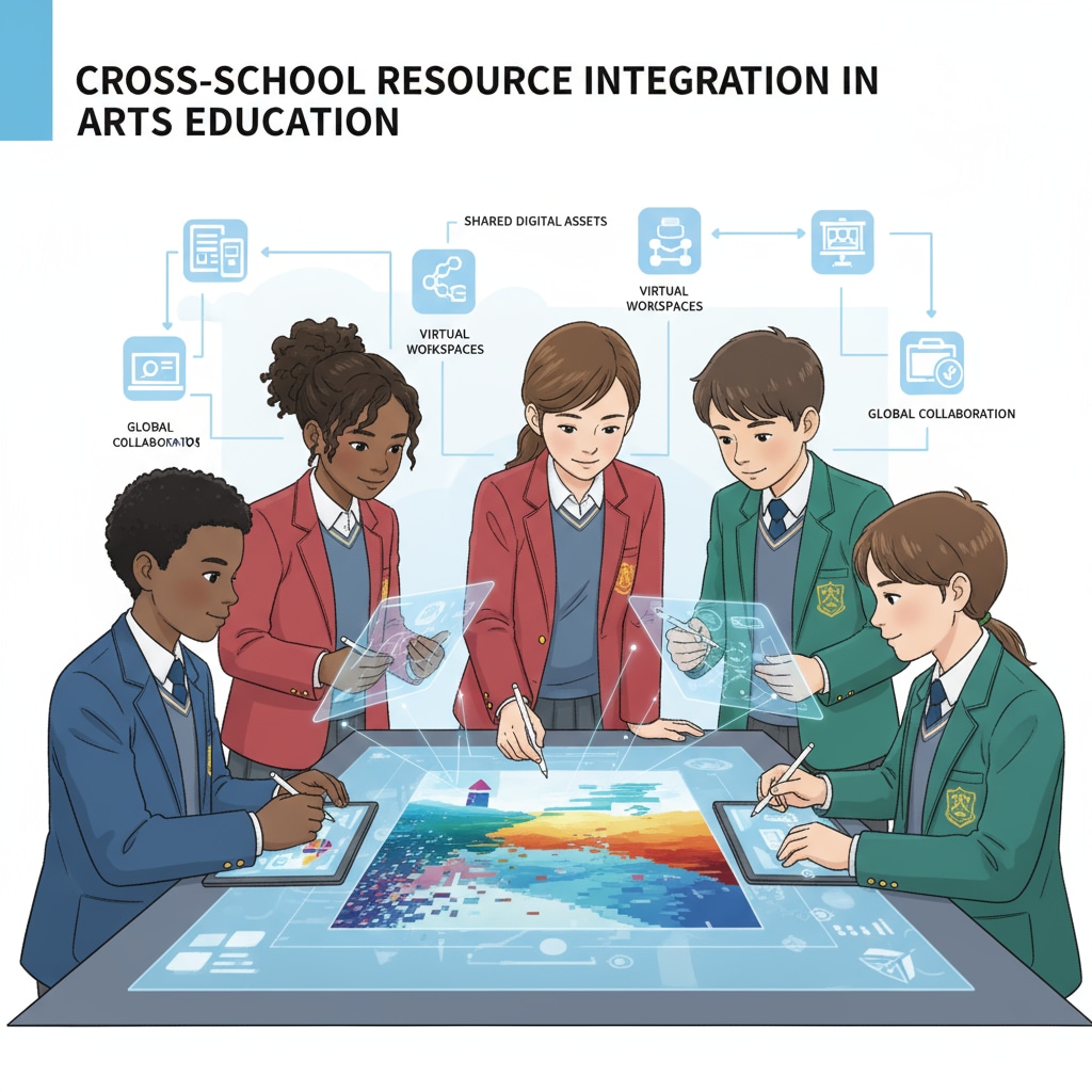 A collaborative art project where students from different schools are working together using digital tools, emphasizing cross-school resource integration in arts education. Cross-school resource integration in arts education facilitated by technology teams