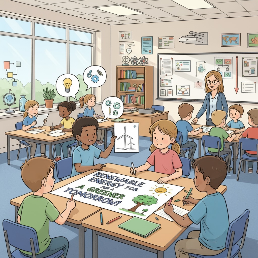 A classroom scene where students are actively engaged in a project - based learning activity, discussing ideas and working together on a large poster. Students engaged in project - based learning as a homework alternative in a K12 classroom