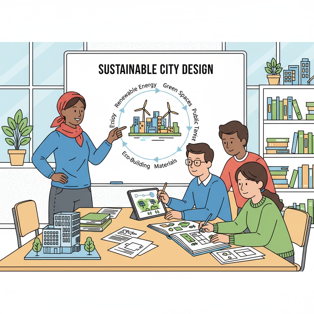 A group of students collaborating on a project related to sustainable city design, with one student pointing at a diagram on a whiteboard. Students collaborating on a sustainable city design project, an example of project - based learning as a homework alternative