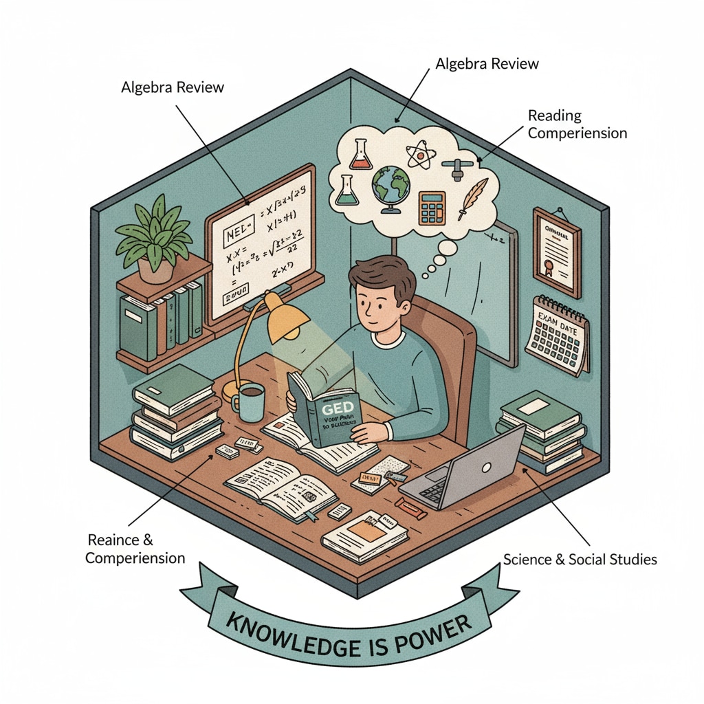 A student is sitting at a desk at home, surrounded by GED study materials, concentrating on preparing for the exams. A student studying for GED exams to improve their employment prospects despite dealing with depression