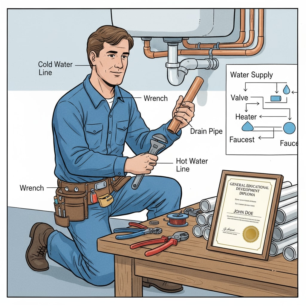 A person is working on a plumbing job, wearing work clothes and using tools, with a GED certificate visible on the workbench. A GED holder engaged in a trade job to build a career and improve their employment situation while managing depression