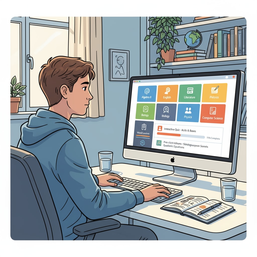 A person is sitting in front of a computer, intently studying online courses that are part of a high school curriculum. The screen shows various high school subjects and learning materials. A person studying online high school courses for career security