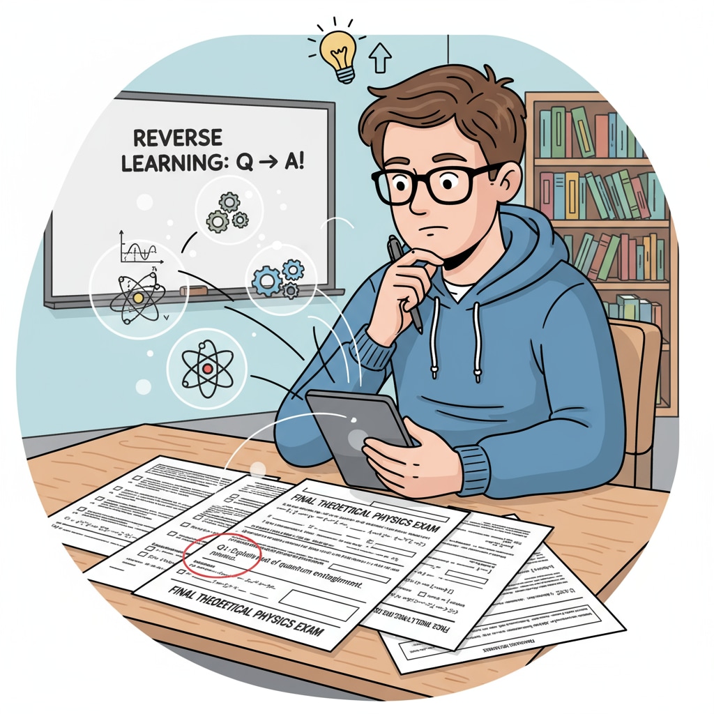 A student is sitting at a desk, with exam questions in front, and is using a reverse learning approach to understand theoretical concepts. A student using reverse learning method to study theory