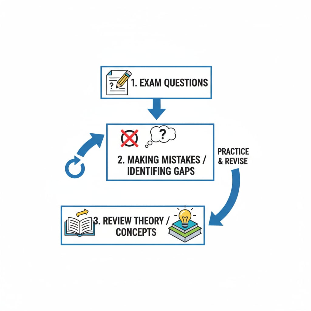 A diagram with arrows showing the sequence of starting from exam questions, making mistakes, and then going back to understand the theory in the reverse learning process. A diagram showing the process of reverse learning method