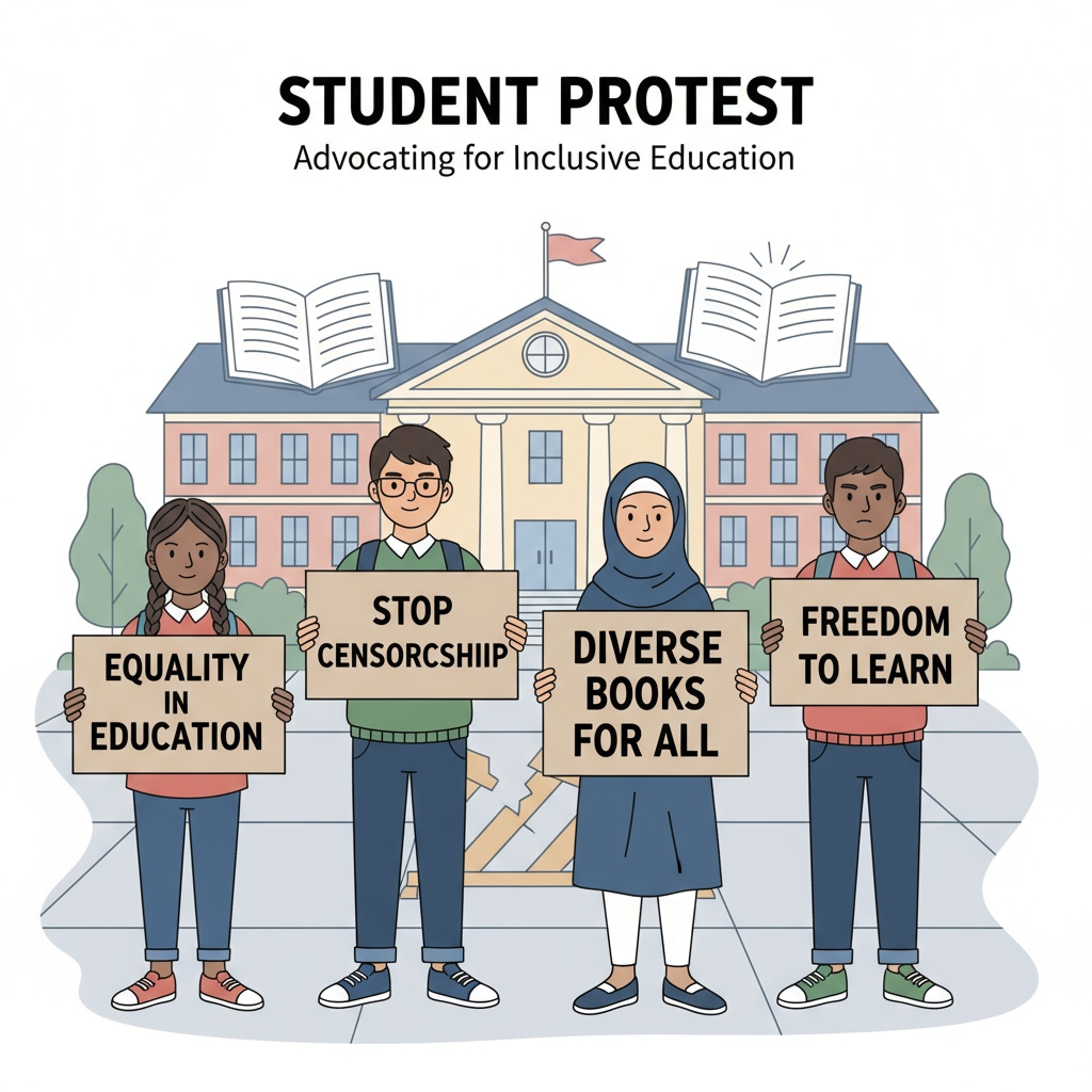 A group of students are holding signs and protesting against far - right education policies. The signs have messages like 'Equality in Education' and 'Stop Censorship'. Students protesting against far - right education policies to support inclusive education for all, including LGBTQ+ students