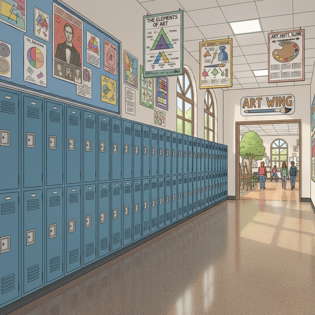 A view of a school hallway with students walking and the art wing in the distance. The hallway has lockers on one side and posters on the walls. A school hallway scene related to the experience of mistaking violin sounds for crying.