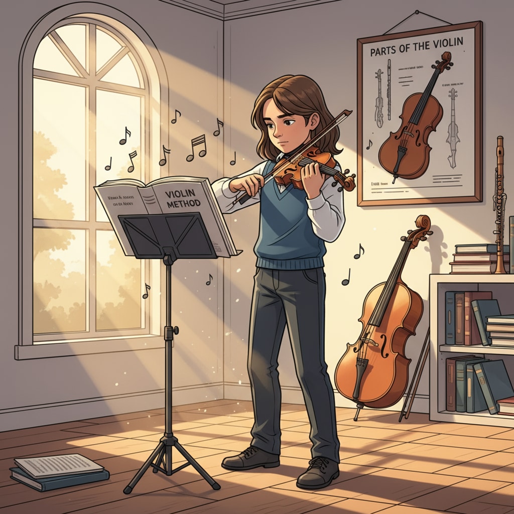 A student playing the violin inside a music room, with sunlight streaming in through the window. The student is focused on playing the instrument. A student playing the violin which was initially mistaken for crying sounds.