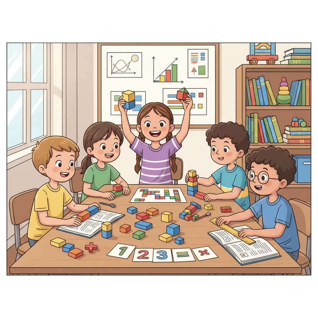 A group of 9-year-old children are gathered around a table, doing a hands-on math activity with colorful blocks. They are engaged and excited, which shows an effective way to learn math. 9-year-old children learning math through a fun activity for math ability enhancement