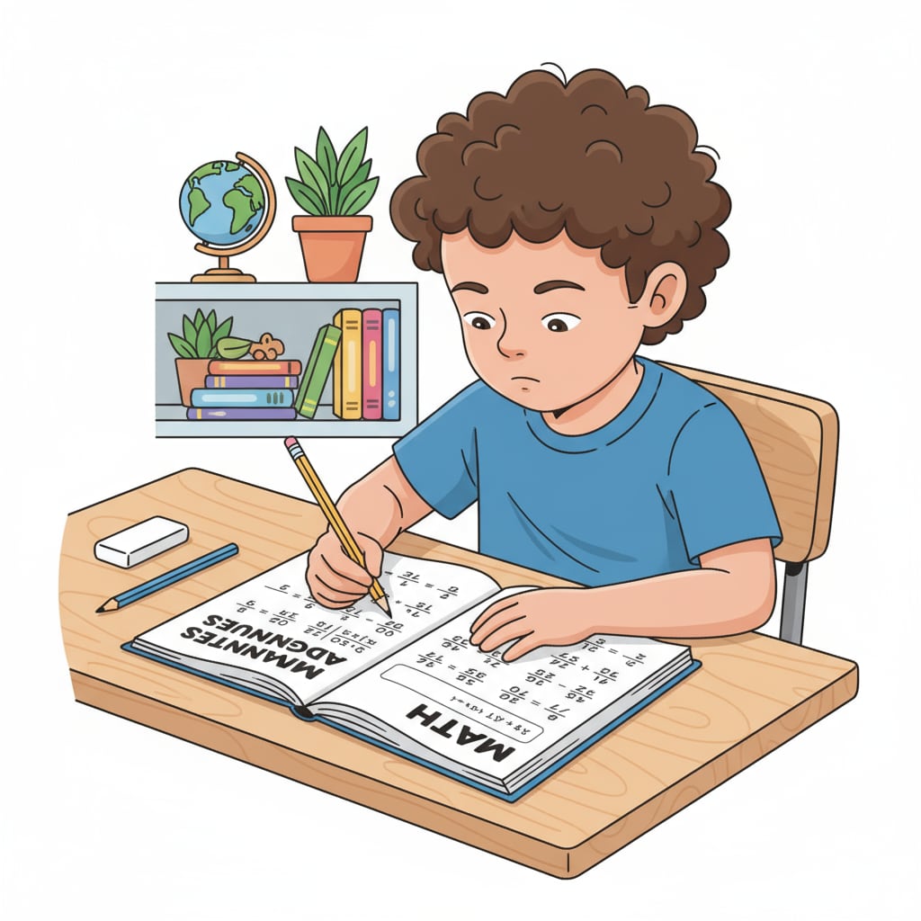 A young child is sitting at a desk, concentrating on a math workbook. There are pencils and erasers beside the book, indicating the child's focus on improving math skills. A 9-year-old child working on math workbook to enhance math ability