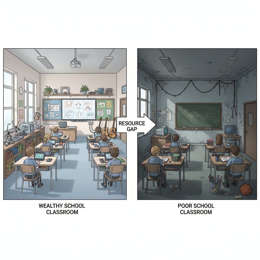 A side-by-side comparison of a modern, well-equipped classroom in a wealthy school and a run-down, poorly equipped classroom in a poor school, highlighting the resource gap. Comparison of classrooms in wealthy and poor schools showing educational inequality and resource gap