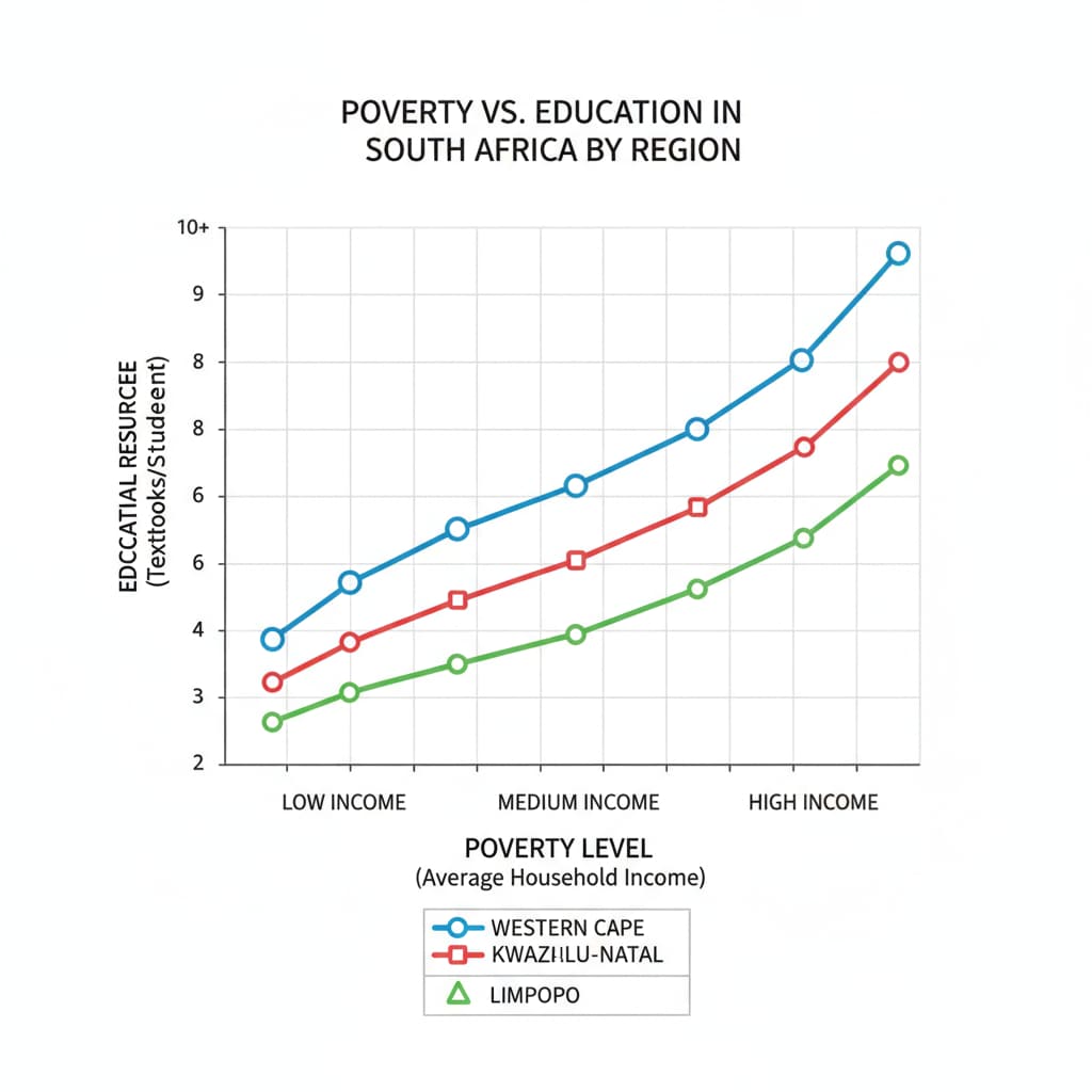 A line graph depicting the relationship between poverty levels (measured by income) and the availability of educational resources (such as number of textbooks per student) in different regions of South Africa. Graph showing the correlation between poverty and educational resources in South African regions related to educational inequality