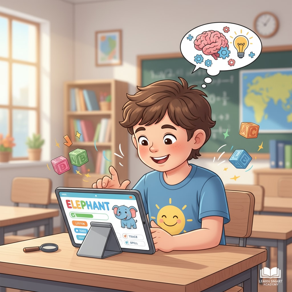 A child with ADHD is intently using an educational app on a tablet to learn spelling, with a positive expression on their face. A child with ADHD using an educational app for spelling learning