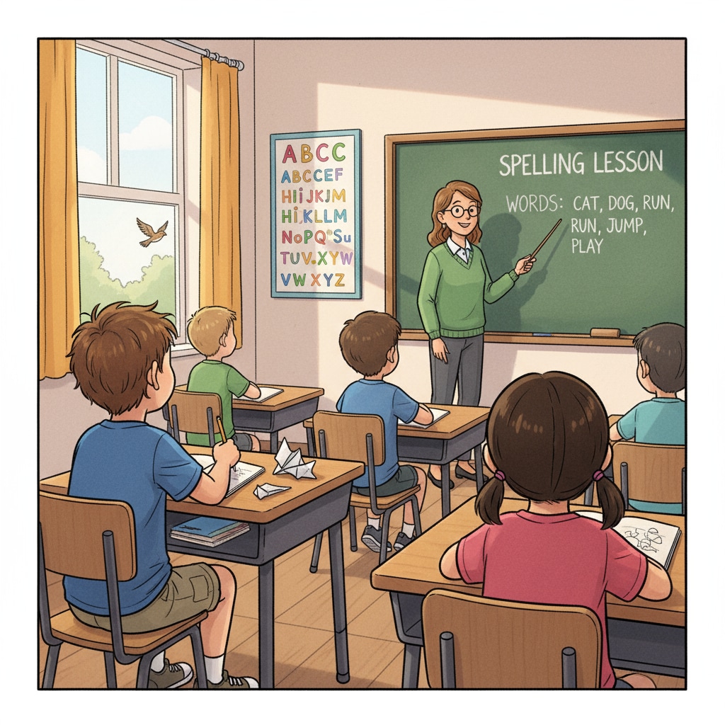 In a classroom, a child with ADHD is looking around distractedly while the teacher is teaching a spelling lesson on the board. A classroom scene where an ADHD child is distracted during a spelling lesson