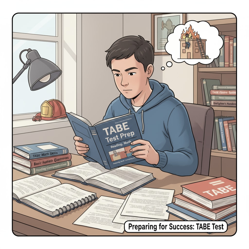 A young person is sitting at a desk, surrounded by books and papers related to the TABE test. They are looking intently at a study guide, showing their determination to prepare for the test on their way to becoming a firefighter. A young person preparing for the TABE test as part of their journey to become a firefighter