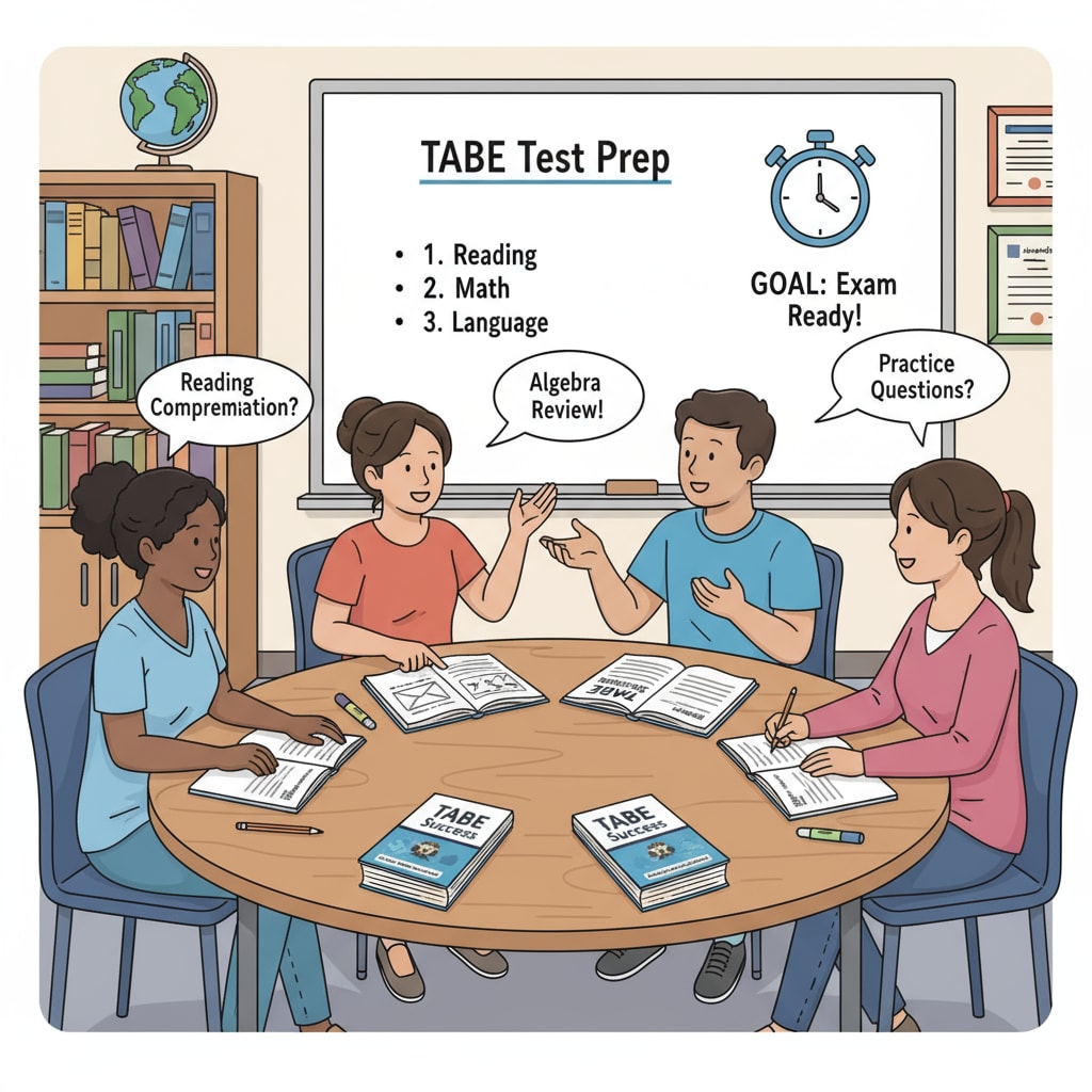 A group of young people are sitting around a table, books open, discussing important concepts for the TABE test. They are engaged in a collaborative study session to better prepare for the exam. A group of young people studying together for the TABE test as part of their firefighter career preparation