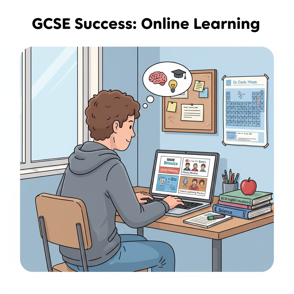 A student is sitting at a desk, concentrating on a laptop screen that shows various online study materials for GCSE preparation. Student accessing online self-study resources to bridge educational gaps and prepare for GCSE exams