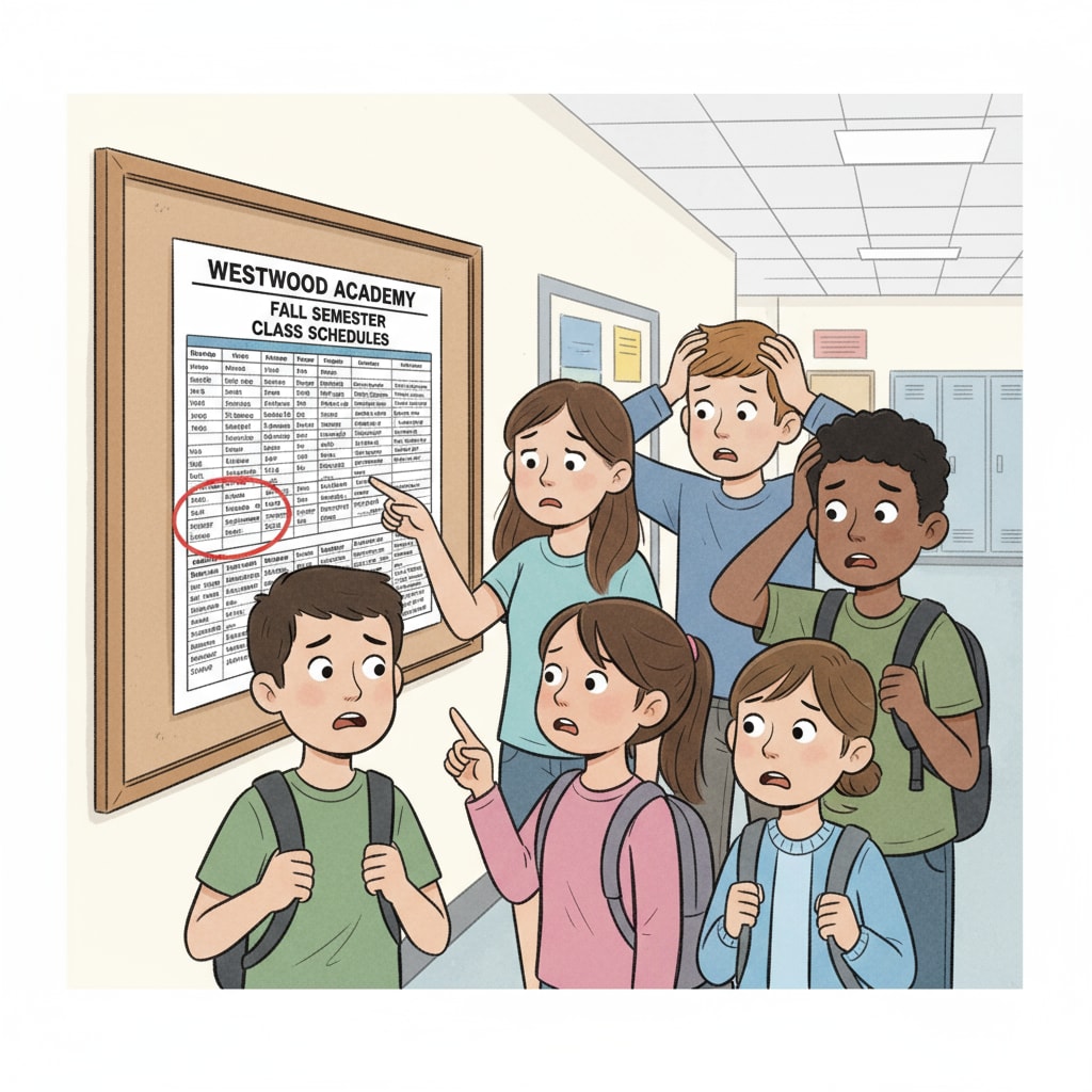 A group of students looking at a school directory with worried expressions Students showing concern as they look at a school directory that may reveal family secrets related to parental divorce and privacy issues