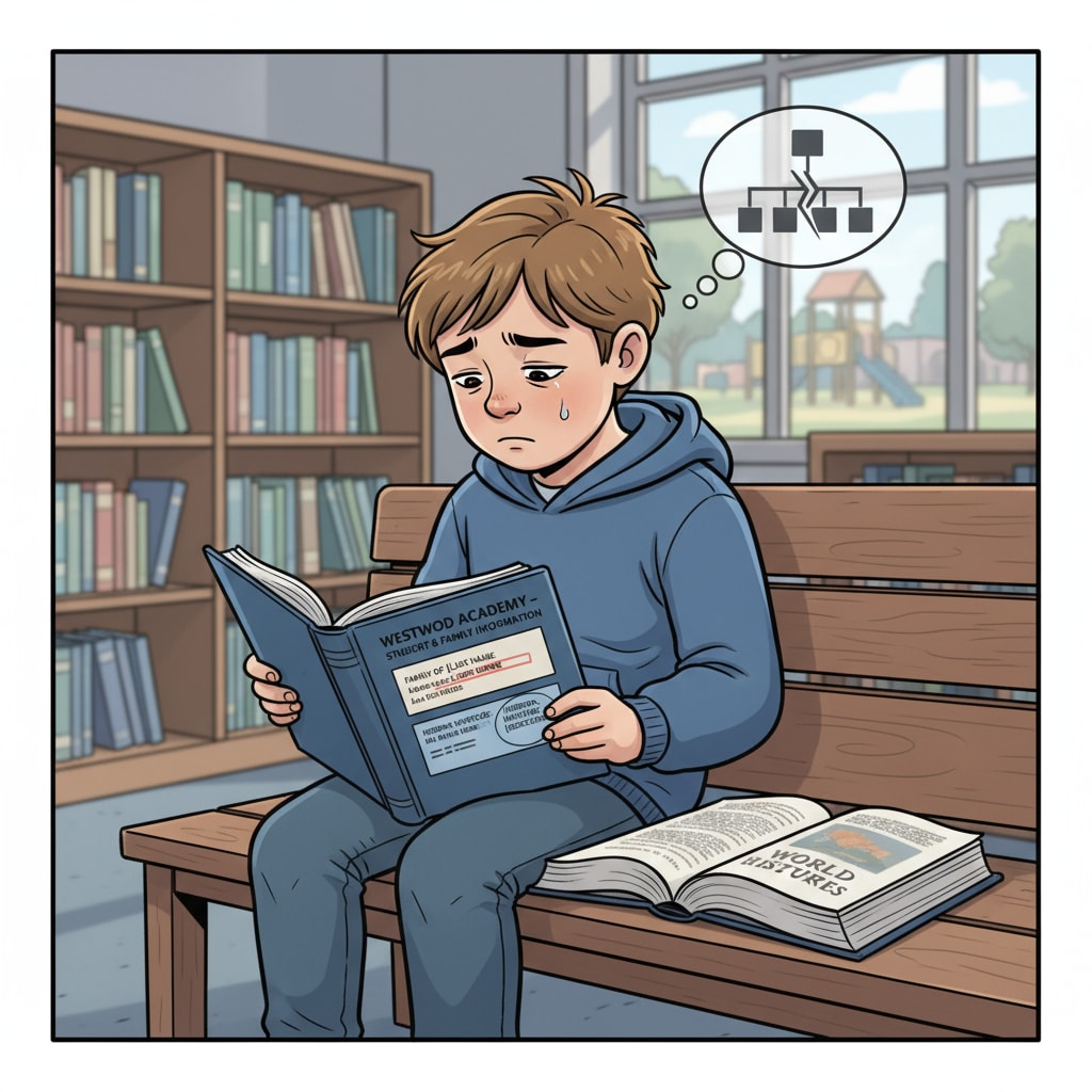 A child sitting alone, looking sad after learning their family secret was revealed through the school directory A sad child who has been affected by the revelation of family divorce information through the school directory, highlighting privacy and emotional distress