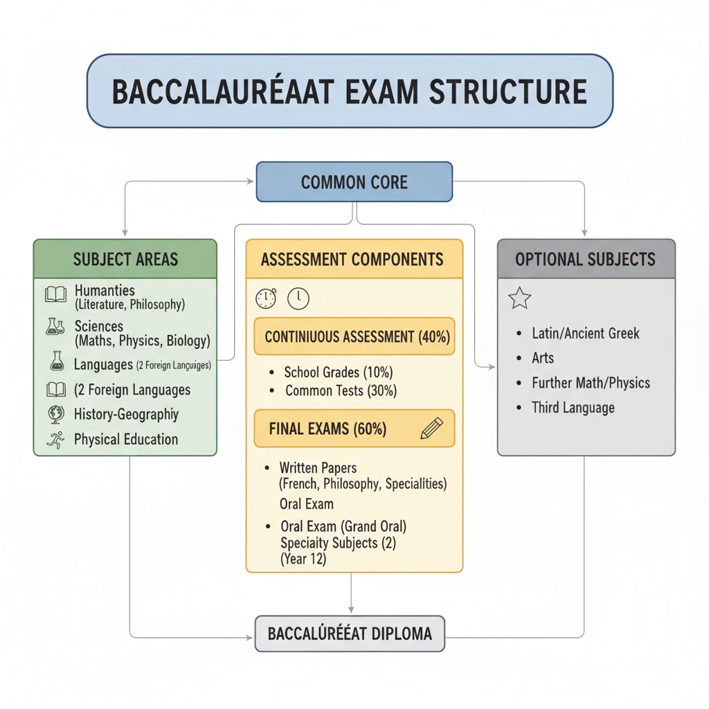A diagram visually presenting the structure of the baccalauréat exam, including different subject areas and assessment components. Diagram of baccalauréat exam structure for time management and preparation