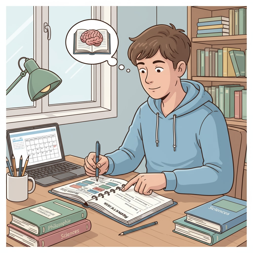 A picture of a student sitting at a desk, using a planner to mark study time for baccalauréat preparation and regular academic tasks. Student using a planner for baccalauréat time management