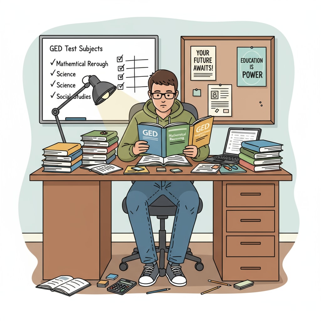 A person sitting at a desk, surrounded by study materials for the GED test. A person preparing for the GED test in the context of high school education and diploma options