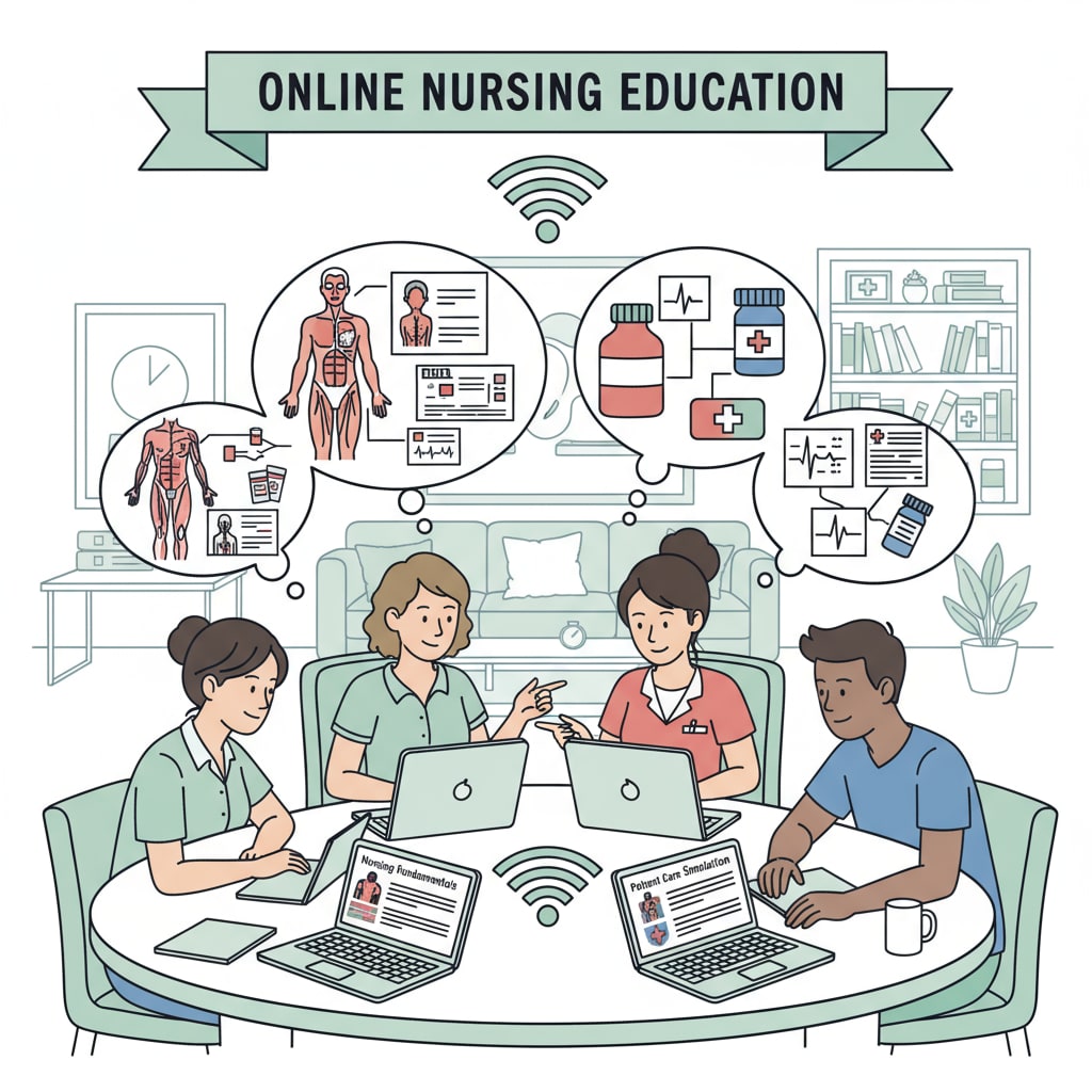 A group of students are attentively studying nursing courses on their laptops, demonstrating the online learning environment for nursing education. Online students studying nursing courses without the need for ACT/SAT