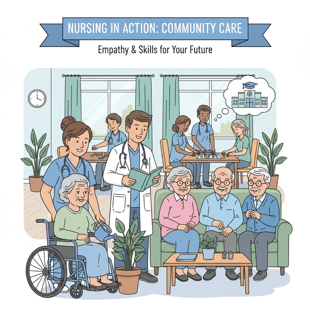 Students are actively engaged in volunteer work at a local nursing home, interacting with residents, which is beneficial for their future nursing career. K12 students gaining practical experience for nursing career without relying on ACT/SAT