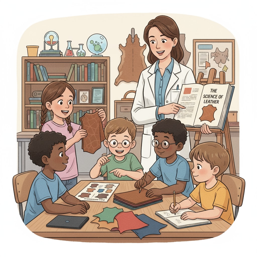 A group of children are looking at leather samples with curious expressions on their faces, showing their eagerness to learn about leather. Children exploring leather samples in the context of leather education through fairy tale metaphors