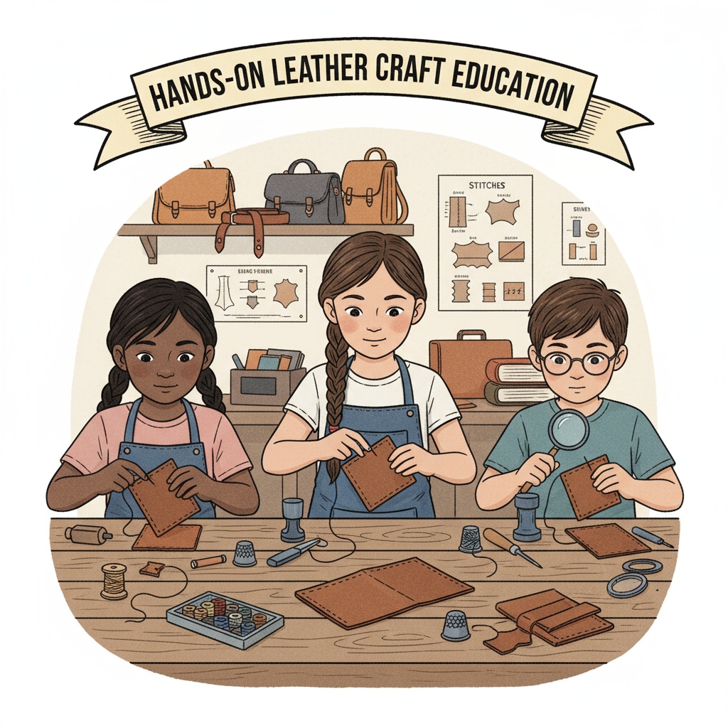 Children are concentrating on stitching leather pieces together, demonstrating their hands-on learning in leather education. Children engaged in hands-on leatherworking as part of leather education inspired by fairy tale metaphors